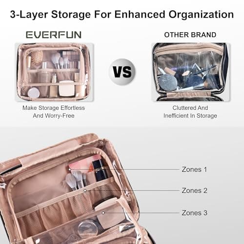 Everfun Hanging Toiletry Bag for Travel, 12x9x4.5 inch Large Capacity Cosmetic Organizer with Leakproof Wet/Dry Compartment, Waterproof Dopp Kit Toiletries Bag for Women Pink - Thumbnail 3