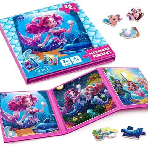 Magnetic Jigsaw Puzzles for Toddlers Kids 3-8 Girls,(3 36-Pieces) Travel Puzzles Toys for Kids Ages 4-6,Take-Along Car Airplane Road Trip Activities Game for 3 4 5 6 7 8 Year Old Birthday Gift,Mermaid