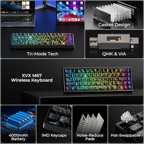 HITIME x XVX M67 60% Percent Keyboard Wireless, QMK/VIA Black Spider Web Gaming Keyboard, Tri-Mode Thocky Creamy Mechanical Key Board, Hot Swappable Gasket Mount RGB IMD Tech for Win/Mac - Thumbnail 2