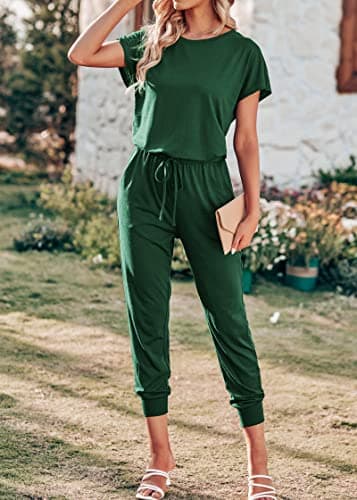 KIRUNDO Jumpsuits for Women Summer 2026 Casual Short Sleeve One Piece Outfits Drawstring Waist Long Pants Romper Jumpers(Dark Green, X-Large) - Thumbnail 2