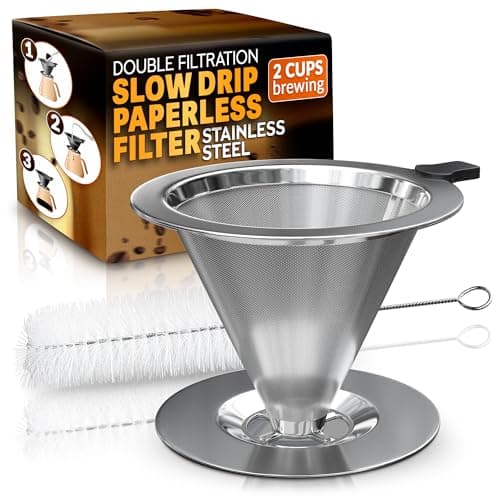 Pour Over Coffee Dripper - 3.18x4.48" Stainless Steel Pour Over Coffee Maker with Large Plastic Handle, Wide Secure Base and a Brush for Cleaning - Ensures Well-Balanced and Reach Tea Infuser - Image 1