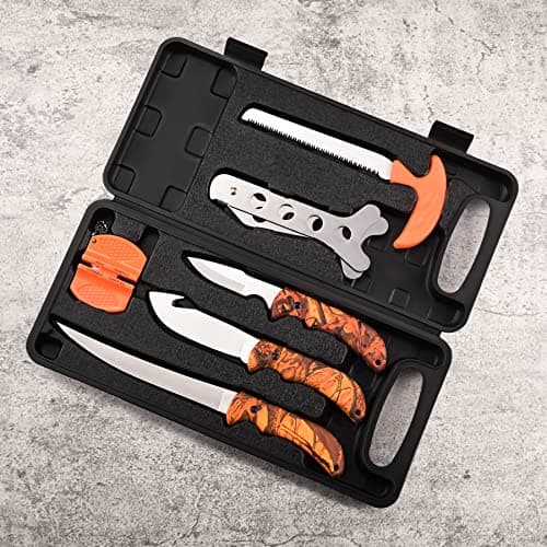 KNINE OUTDOORS Hunting Deer Knife Set Field Dressing Kit Portable Game Processor Set Red Maple Camo Handle, 8 Pieces - Thumbnail 6