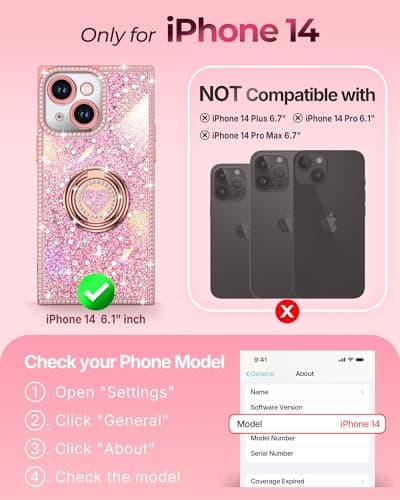 XYZ for iPhone 14 Case, Glitter Bling Phone Cover with 2-Ring Heart Stand & Lanyard, Women Girls Luxury Rhinestone Shockproof Protective Case for iPhone 14, Pink - Thumbnail 2