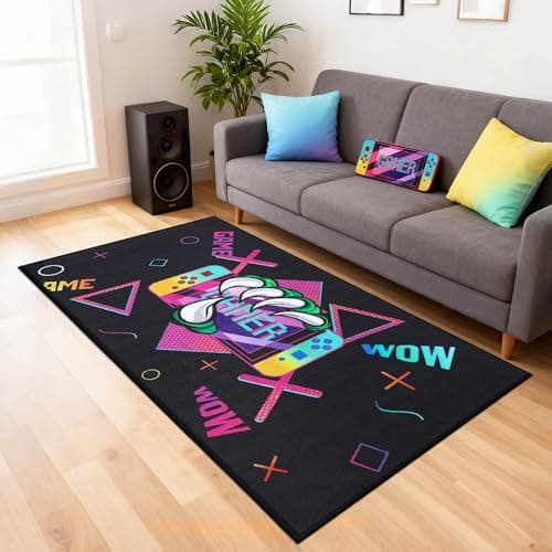 JSEI Gaming Rug for Kids Teens 32"x60" Machine Washable, Video Game Kids Rug with Paw and Controller Pattern, Non-Slip Gaming Floor Carpet Mat for Playroom, Living Room&Bedroom, Black - Thumbnail 4
