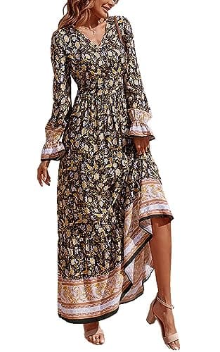 PRETTYGARDEN Long Flowy Dresses for Women - V Neck Casual Button Down Boho Floral Maxi Dresses (Black Yellow,Small) - Image 1