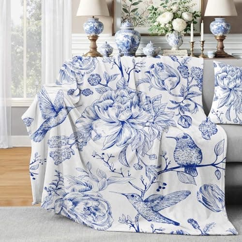 yuboo Spring Blue White Floral Throw Blanket, Chinoiserie French Country Soft Blanket for Women Girls, Soft Flannel Hummingbird Blanket for Coastal Victorian Decor, 50 x 60 Inch - Image 1