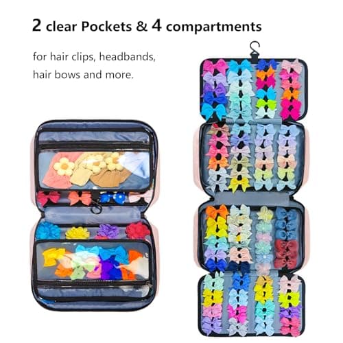 Miiinaps Baby Girl Hair Bow Organizer Bag - Multi-Pocket Hair Accessories Storage with Hanging Hook and Transparent Pockets for Hair Clips, Headbands, Scrunchies, Portable Travel Carrying Case (Pink) - Thumbnail 2