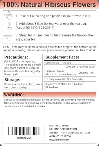 Hibiscus Tea Bags, Hibiscus Flower Herbal Tea - Caffeine & Sugar Free, 50 Teabags - Thumbnail 2