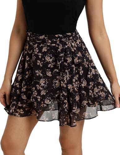 Belle Poque Women's Flowy Ruffle Mini Skirt with Shorts Underneath Elastic Waist Boho Skirt Floral Mini Skirt Summer Trendy 2026 Brown Flowers Print XXL - Image 1
