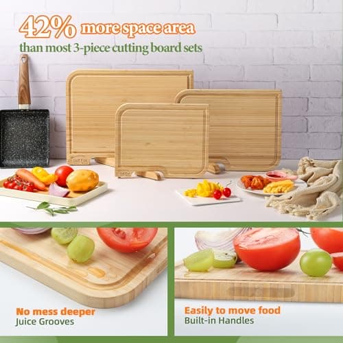 4-PCS Bamboo Cutting Board Set with Innovative Stand - Durable Double Sided Wooden Cutting Board with Juice Groove & Handle for Meal Prep, Meat, Charcuterie Serving, Eco-Friendly Healthy Kitchen Gift - Thumbnail 4