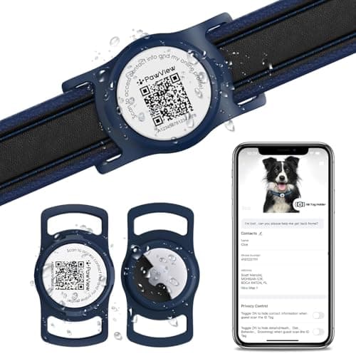 PawView for air tag Dog Collar Holder with QR ID, Durable & Waterproof Silicone for air tag Case Accessories, Scan Alert, Instant Location, Pet Online Profile, Contacts Info (1 Pack, Navy Blue) - Image 1