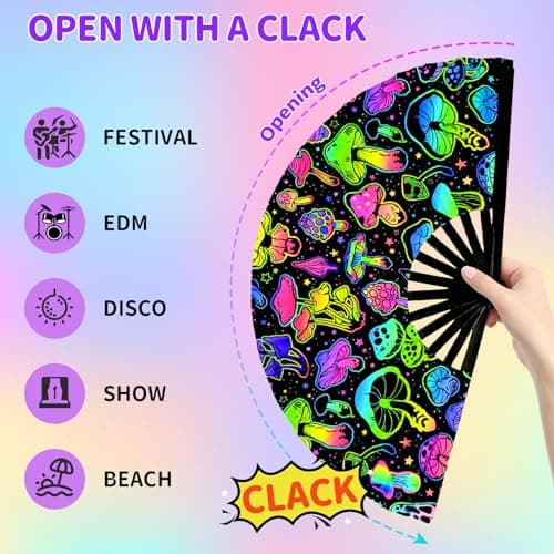 EOSAU UV Glow Large Rave Fan Folding Hand Fans for Line Dancing Portable Handheld Clack Fan for Festival EDM Party Music Outfit Accessories (13" Mushrooms) - Thumbnail 5