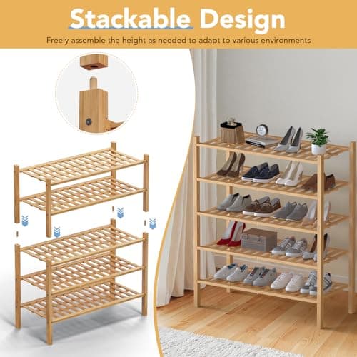 Haddockway 2 Tier Bamboo Shoe Rack Storage Organizer, Multifunctional Free Standing Stackable Shoe Shelf with Grid Panel for Closet,Hallway,Entryway,Small Space 27"x11"x13" - Thumbnail 6