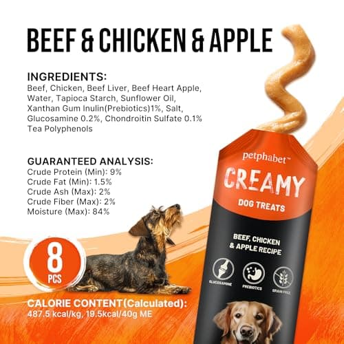 PETPHABET Lickable Squeeze Treats for Dogs, Creamy Puree Dog Food Meal Topper, Puppy Pouch Treats for Training and Enrichment, Healthy Beef Chicken & Apple Recipe (8 ct/1.4 oz Each) - Thumbnail 2
