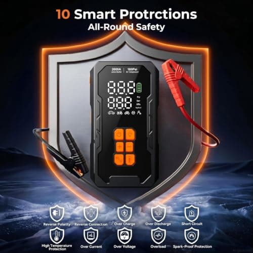 Jump Starter with Air Compressor 160PSI, 12V Car Battery Jumper Starter Portable (8.0L Gas/6.0L Diesel), Car Battery Charger Jump Box Cables with Auto-Shutoff Tire Inflator and LED Light, Black - Thumbnail 5