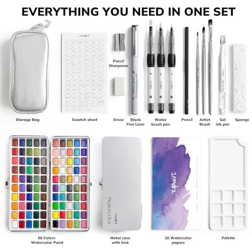 JusArt 100 Colors Watercolor Paint Set,Travel Watercolor Set with Handbag,Art Supplies with Metallic Color, Detail Painting Brushes, Water Brush Pens, Portable Watercolor Supplies for Adult, Artists, Professionals - Thumbnail 2