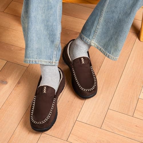 BOVTY House Slippers for Men Moccasins - Memory Foam&Warm Plush Indoor Outdoor Slip-on Loafers Brown - Thumbnail 3