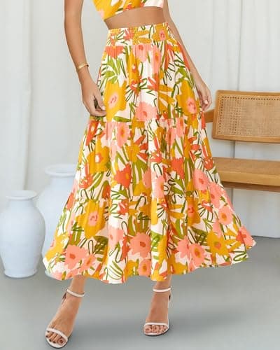 BTFBM Skirts for Women Floral Print Fall Fashion 2026 A Line Elastic High Waist Boho Holiday Maxi Skirt Pockets(Floral White Yellow, X-Large) - Thumbnail 3