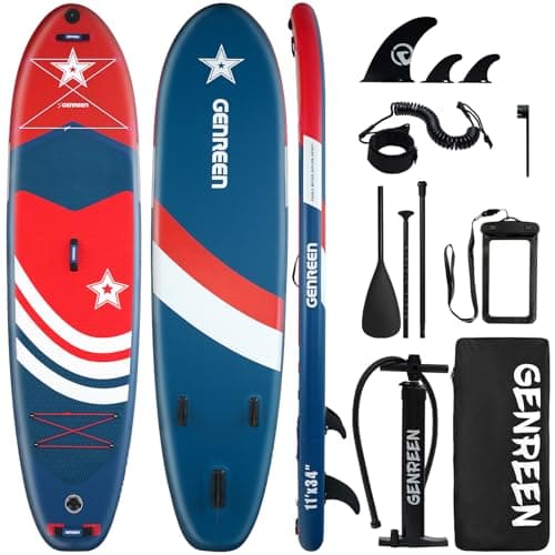 Genreen Stand up Paddle Board Inflatable 11'34'' Navy Blue Red Extremely Stable Thickened PVC 3 Fins 450LBS Capacity 3 People Tie-Downs2 Double Layer - Image 1