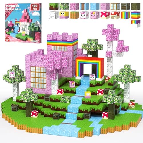 Magnetic Blocks for Girls - 100 PCS Magnet Block Stacking Sensory STEM Outdoor Cubes Game for 3+ Years Old Boys&Girls Children Birthday Easter Gift, 3D Tiles Construction Weekends Toy Set, 0.8in - Image 1