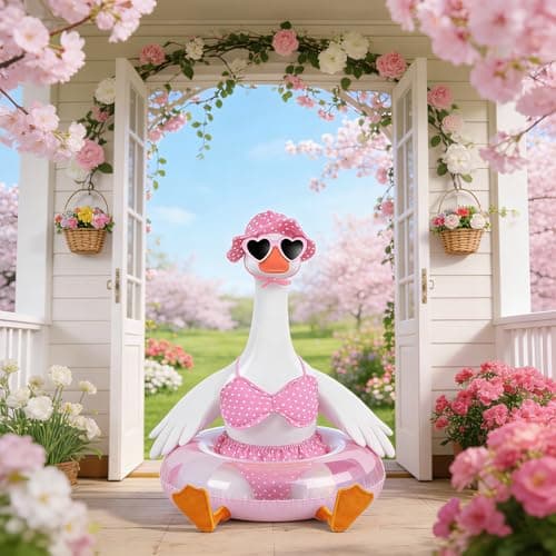 yuboo Spring Porch Goose Outfit Bikini Goose Outfits, Pink Easter Geese Outfits Clothes Costume with Sunglasses Swim Ring for 23in Porch Goose Outdoor Statues - Thumbnail 6