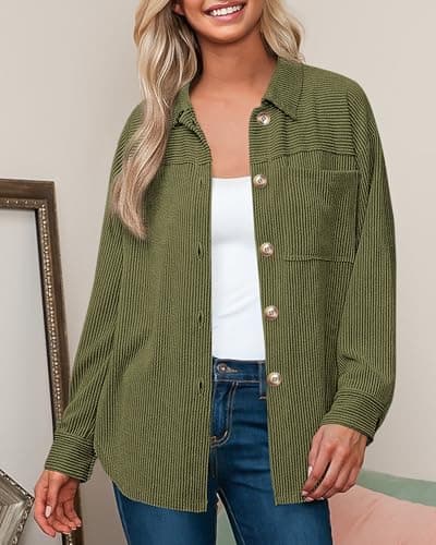 PRETTYGARDEN Women's Button Down Shirts 2026 Spring Long Sleeve Textured Tops Oversized Shacket Jacket Knit Blouses(Army Green,Small) - Thumbnail 4