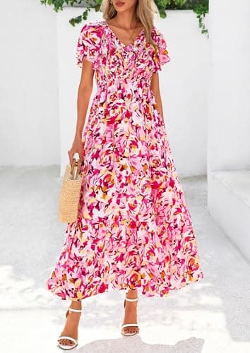 PRETTYGARDEN Boho Dresses for Women 2026 Summer Floral Short Sleeve V Neck Smocked Flowy Beach Vacation Maxi Dress (White Pink Floral,Small) - Thumbnail 3