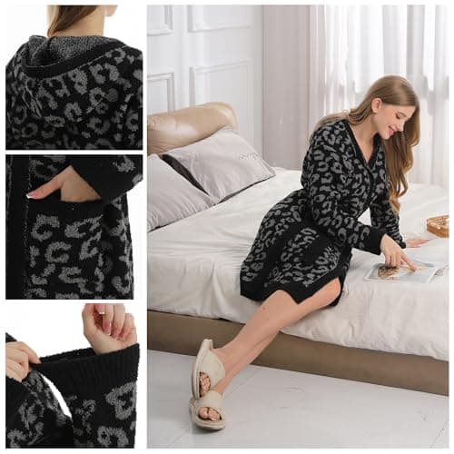 bearberry Hooded Robe Cozy In The Wild Robe Lightweight Soft Plush Bathrobe Sleepwear Nightgown with Pockets for Women(Graphite/Carbon) - Thumbnail 4