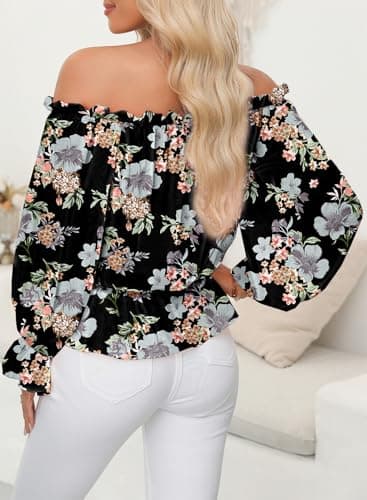 BLENCOT Summer Sexy Off Shoulder Blouse for Women 3/4 Ruffle Sleeve Floral Chiffon Shirts Tops Black L - Thumbnail 2
