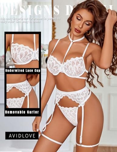 Avidlove Lingerie For Women Sexy Bra And Panty Sets With Garter Belt 3 Piece Underwire Lingeries Set Babydoll Bodysuit White - Thumbnail 2