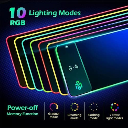 GIM Wireless Charging RGB Gaming Mouse Pad 15W, LED Mouse Mat 800x300x4MM, 10 Light Modes Extra Large Mousepad Non-Slip Rubber Base Computer Keyboard Mat for Gaming, MacBook, PC, Laptop, Desk - Thumbnail 3
