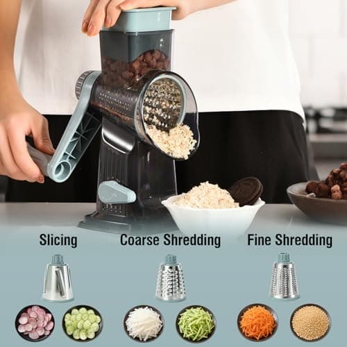 Spylandy Rotary Cheese Grater, 3-in-1 Manual Vegetable Slicer with Handle, Safer Kitchen Mandoline Shredder with Suction Base for Cheese, Nuts, Potatoes & Salads – Easy to Clean (Black) - Thumbnail 5
