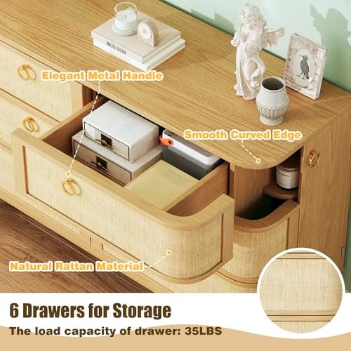 HUAHUU 6 Drawer Rattan Dresser for Bedroom, 43'' Fluted Modern Wooden Dresser with Metal Handles&Wood Legs, Curved Profile Design, Boho Chest of Drawers for Bedroom, Living Room, Natural - Thumbnail 4