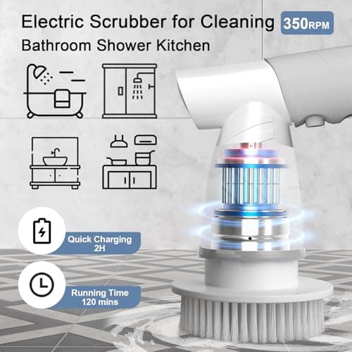 Electric Spin Scrubber, Bathroom Shower Electric Scrubber for Cleaning Tub/Tile/Floor/Sink/Window, Power Cleaning Brush Rechargeable Cordless with 4 Replaceable Cleaner Brush Heads - Thumbnail 3