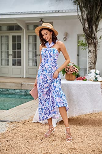 2026 Summer Women's Criss Cross Halterneck Sleeveless Floral Print Flowy A Line Maxi Dress Bluishviolet M - Thumbnail 3