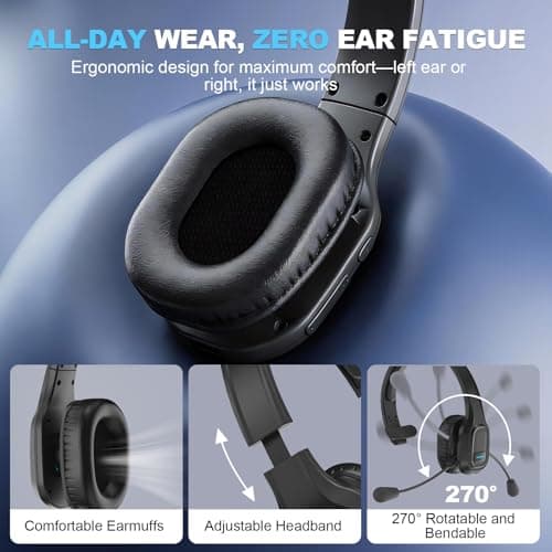 TURNRISE Trucker Bluetooth Headset with Dongle: AI Noise Canceling Wireless Headset with USB Dongle & 60Hrs Working Time & Mute Button, Headphones for Truck Drivers, Office, Call Center, Phone/PC - Thumbnail 6