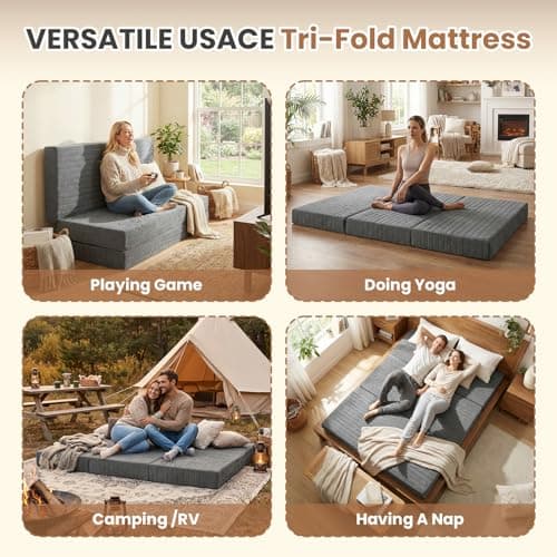 Erament 6-Inch Tri-Fold Mattress Full Size, Covertible Bed Floor Futon Mattress with Handles & Non-Slip Bottom, Foldable Mattress with Removable Tufted for Guest, Camping, Dorm - Thumbnail 5