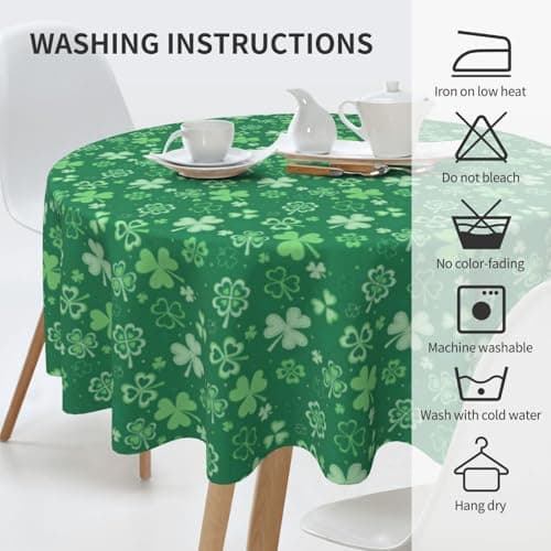 BYONEESS St.Patrick's Day Round Table Cloth 60 Inch Shamrock Green Spring Clover Circular Table Cloth Waterproof Spillproof Stain Resistant Washable Table Cover for Dining Kitchen Party Picnic - Thumbnail 5
