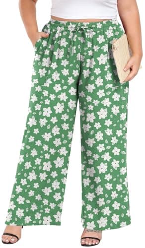 Lastshe Women's Plus Size Wide Leg Pants Yoga Pants for Women High Waisted Lounge Pants Straight Long Trousers with Pockets,Mint Green White Floral,3X - Image 1