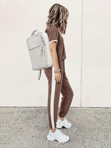 MASCOMODA Two Piece Sets for Women Summer 2025 Loungewear Jogger Set Spring Short Sleeve Tops Long Pants Casual Tracksuit Set(Khaki,Large) - Thumbnail 4