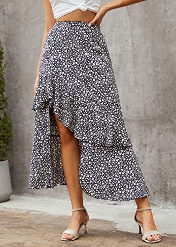 BTFBM Women 2026 Spring Summer Long Skirts Dress Boho Floral Elastic Waist Split Ruffle High Low Beach Maxi Skirt Clothes(Z-Navy, Medium) - Thumbnail 6