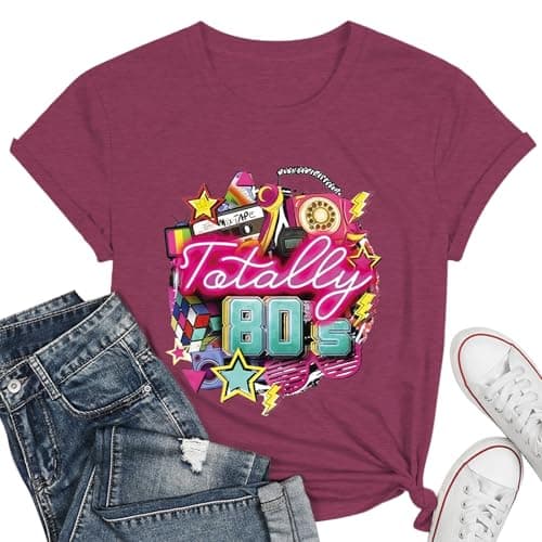 80s Shirt for Women - I Love The 80s Music Neon Party Tee, Retro Short Sleeve Casual Top for Concert & Costume