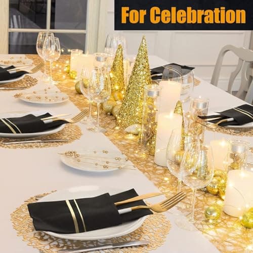 50Pack Cloth-Like Hand Napkins, Linen Feel Dinner Napkins with Flatware Pocket for Weddings, Parties & Holidays(Black) - Thumbnail 4