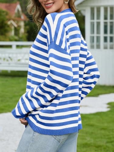 UNCLECAT Womens Striped Cardigan Sweater Casual Button Up Knit Tops Long Sleeve Sweaters Open Front Top Fall Coats Blue - Thumbnail 4