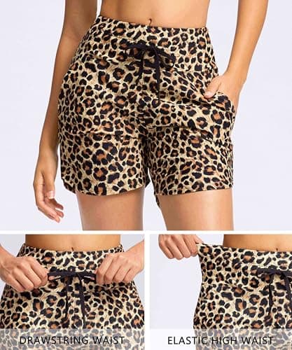 Viodia Women's 5" High Waisted Swim Board Shorts Quick Dry Beach Shorts with Pockets UPF 50+ Swimsuit Bottoms with Liner Leopard S - Thumbnail 4