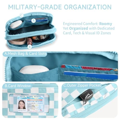 NBERMOTION Checkered Nylon Wristlet Wallets for Women RFID Blocking Purse With Credit Card Holder & Crossbody Strap(Ice Blue) - Thumbnail 4