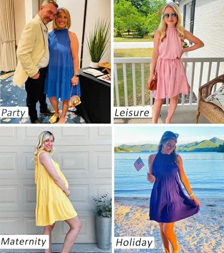 Okiwam Womens Summer Halter Dresses Sleeveless A Line Tiered Swing Mini 2025 Fall Casual Boho Beach Vacation Sundress-M Green - Thumbnail 6