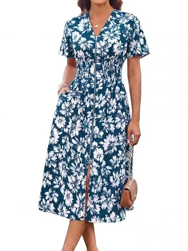 GRACE KARIN Womens Summer Maxi Floral Dress Casual 2026 Long Zipper Dresses Boho Flowy Beach Vacation Sundress with Pockets Blue Floral 2XL - Image 1