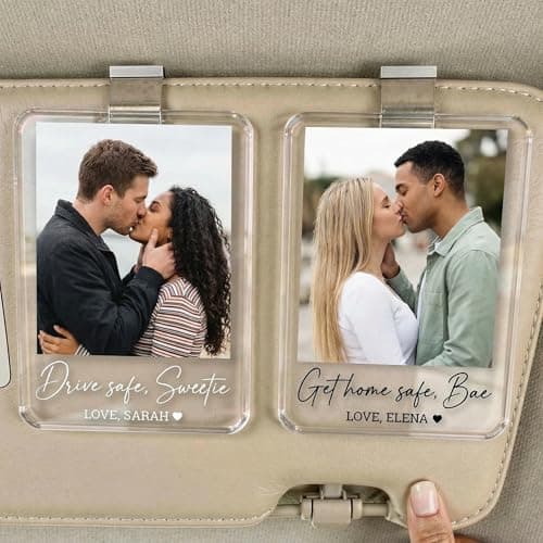 VBAIFAyy Custom Car Visor Photo Clip for Couples - Personalized Acrylic Sun Visor Picture Holder with Text, Drive Safe Gifts for Husband Wife Boyfriend Girlfriend, Valentines Anniversary Present - Thumbnail 3