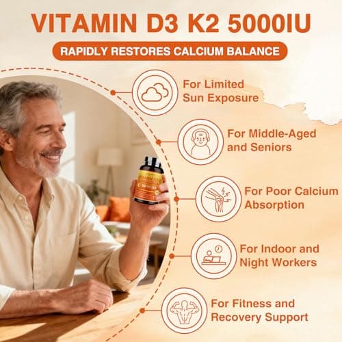 ZEBORA 6-in-1 Upgraded Vitamin D3 K2 Supplement, Vitamin D3 5000IU + Vitamin K2 MK7 100mcg for Bone & Immune Support, Efficient Absorption, Non-GMO, 120 Capsules - Thumbnail 3